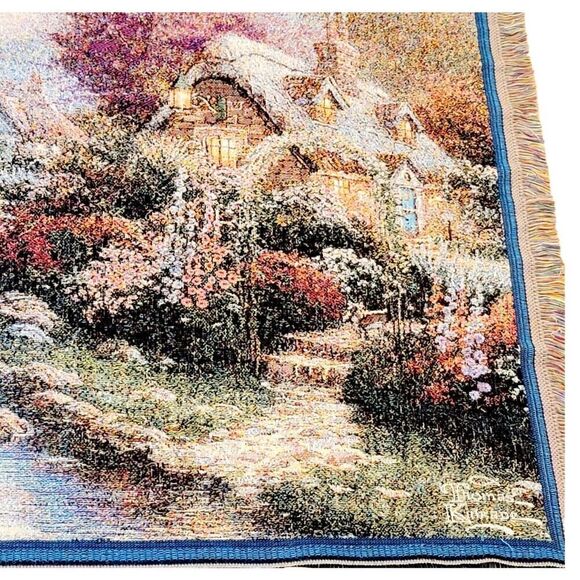 Thomas Kinkade Tapestry Throw Blanket Lamplight Bridge Painter of Light USA Made - Picture 5 of 8